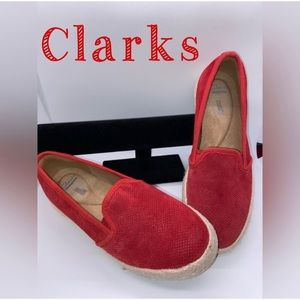Clarks AZELLA 8M Red Suede Woven Jute Theoni Espadrille SlipOn Loafer-EUC